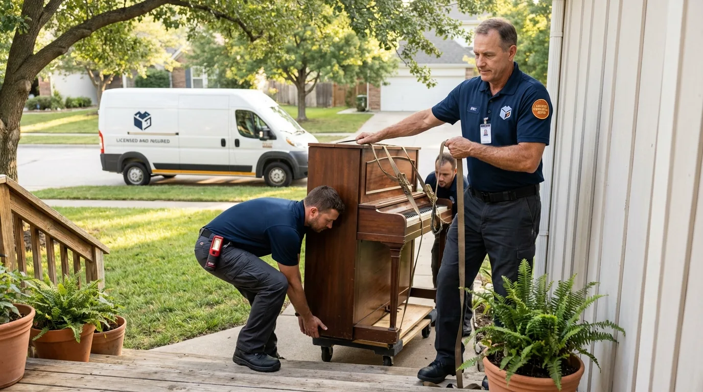 Licensed piano movers securing grand piano in Hamilton, OH